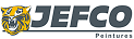 Logo JEFCO Peintures : identité visuelle avec tigre Logo JEFCO Peintures composé d'une tête de tigre jaune et bleue stylisée et d'un texte gris foncé en capitales.