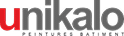Unikalo Peintures Bâtiment : Logo Officiel de la Marque Logo Unikalo rouge et gris avec l'inscription PEINTURES BATIMENT en lettres capitales dessous.