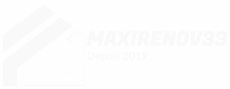 Logo blanc MAXIRENOV33 avec icône de maison stylisée et texte Depuis 2019, spécialisé en rénovation en Gironde.