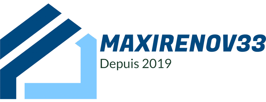 MAXIRENOV33 : Travaux de Rénovation Immobilière en Gironde Logo MAXIRENOV33, expert en rénovation depuis 2019, icône de maison stylisée en bleu foncé et clair.