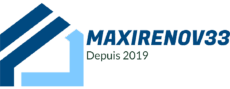Logo MAXIRENOV33, expert en rénovation depuis 2019, icône de maison stylisée en bleu foncé et clair.