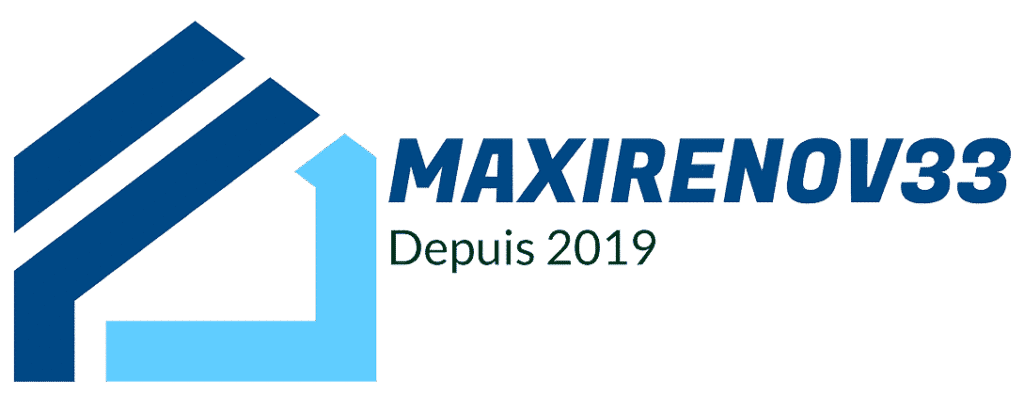 Logo MAXIRENOV33, icône maison fléchée bleue et texte Depuis 2019, spécialiste rénovation en Gironde 33.